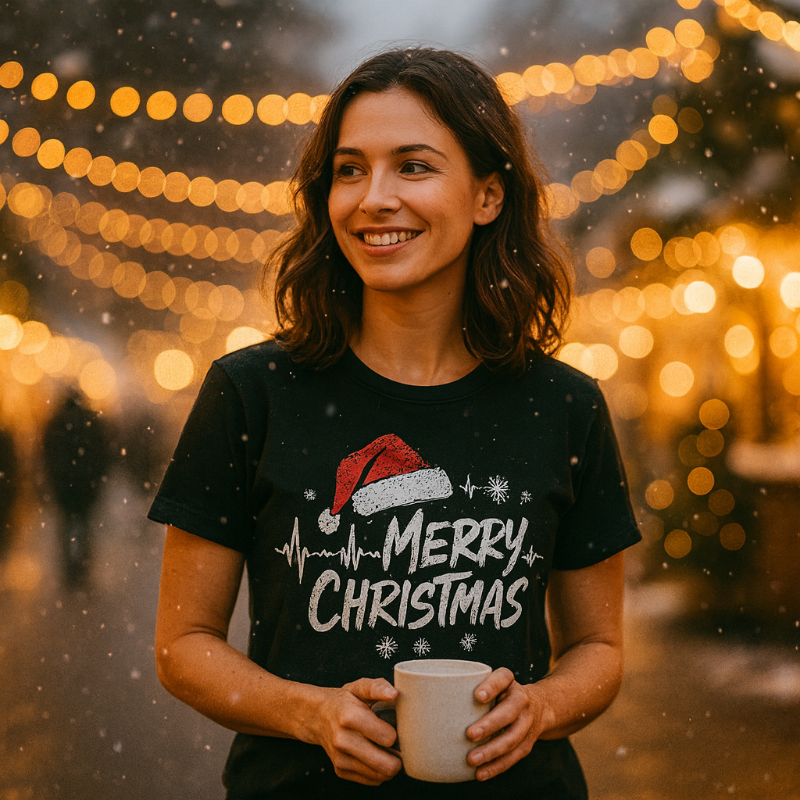 Woman wearing a 'Merry Christmas' shirt holding a mug with festive lights in the background