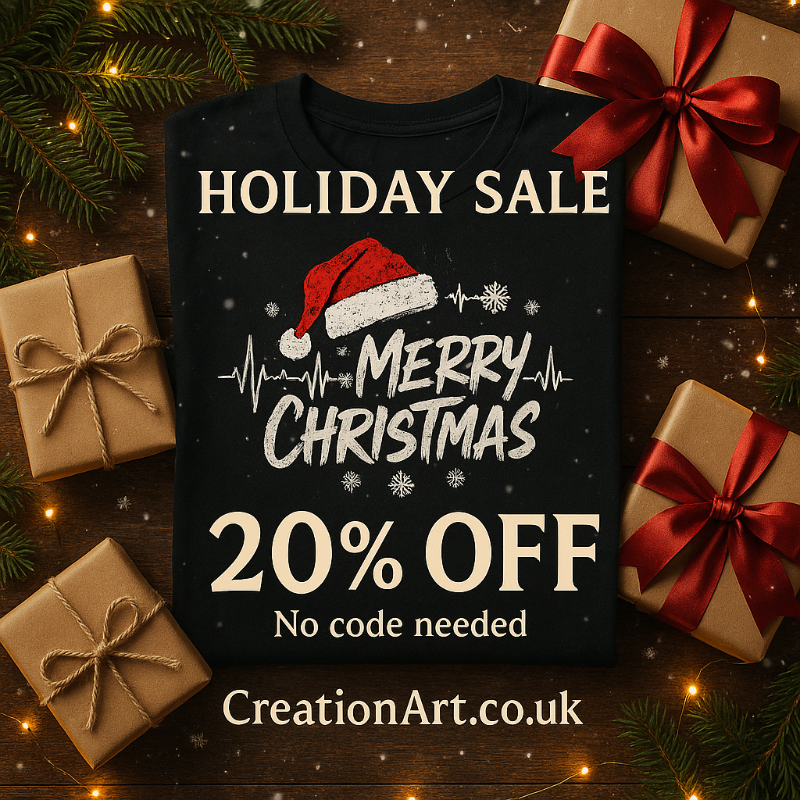 Black t-shirt with Christmas design and holiday sale text, surrounded by gift boxes and festive decorations.