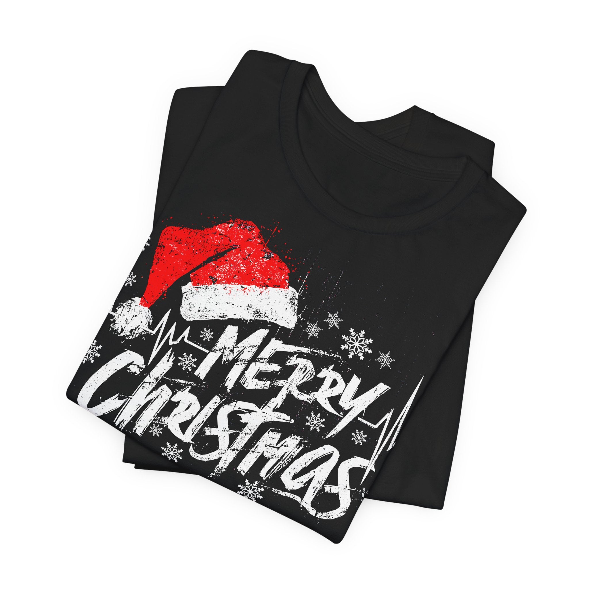 Black t-shirt with a red Santa hat and 'Merry Christmas' text on a white background