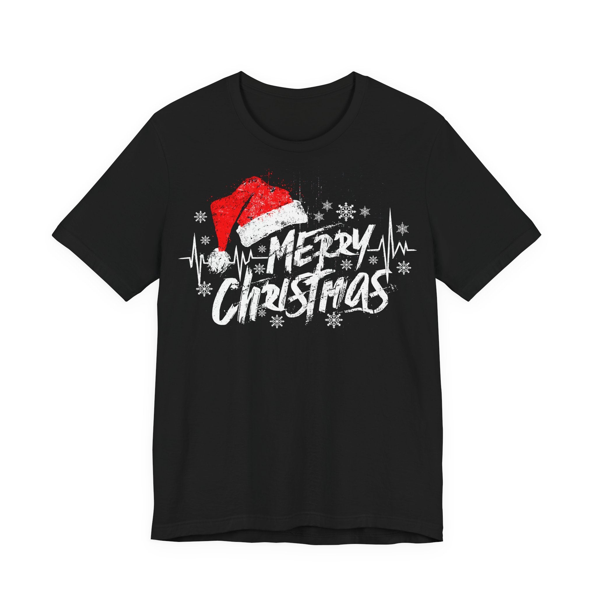 Black t-shirt with 'Merry Christmas' design featuring a Santa hat and heartbeat line on a white background