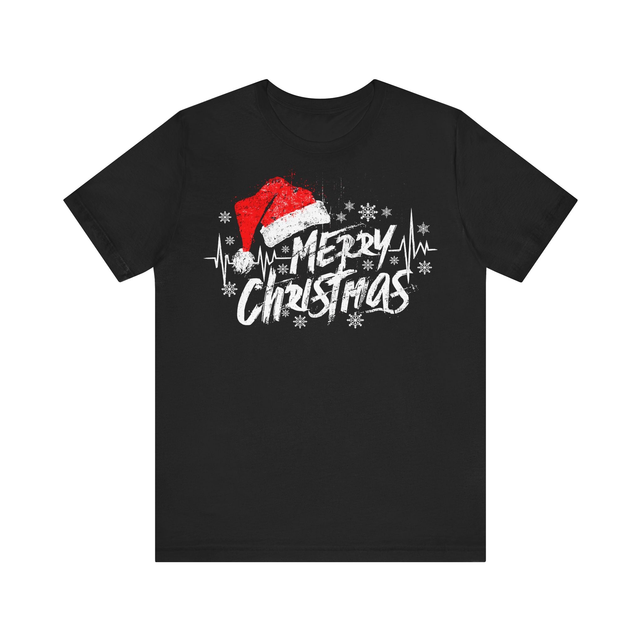 Black t-shirt with 'Merry Christmas' design featuring a Santa hat on a white background