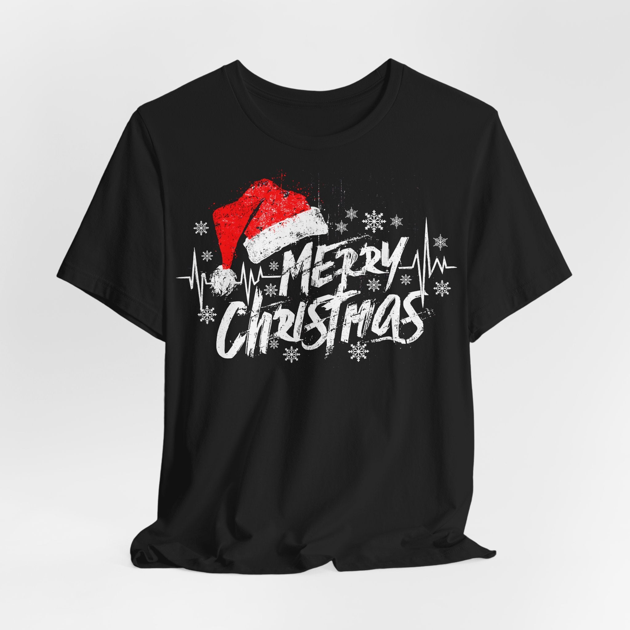 Black t-shirt with 'Merry Christmas' design featuring a Santa hat on a white background