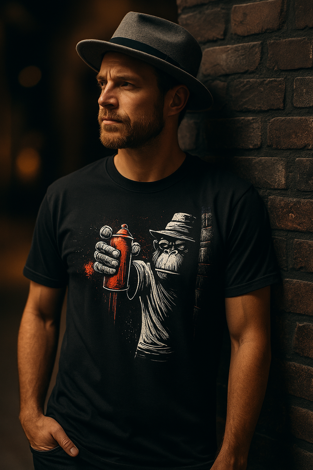 Man wearing a black t-shirt with a graphic design against a brick wall.