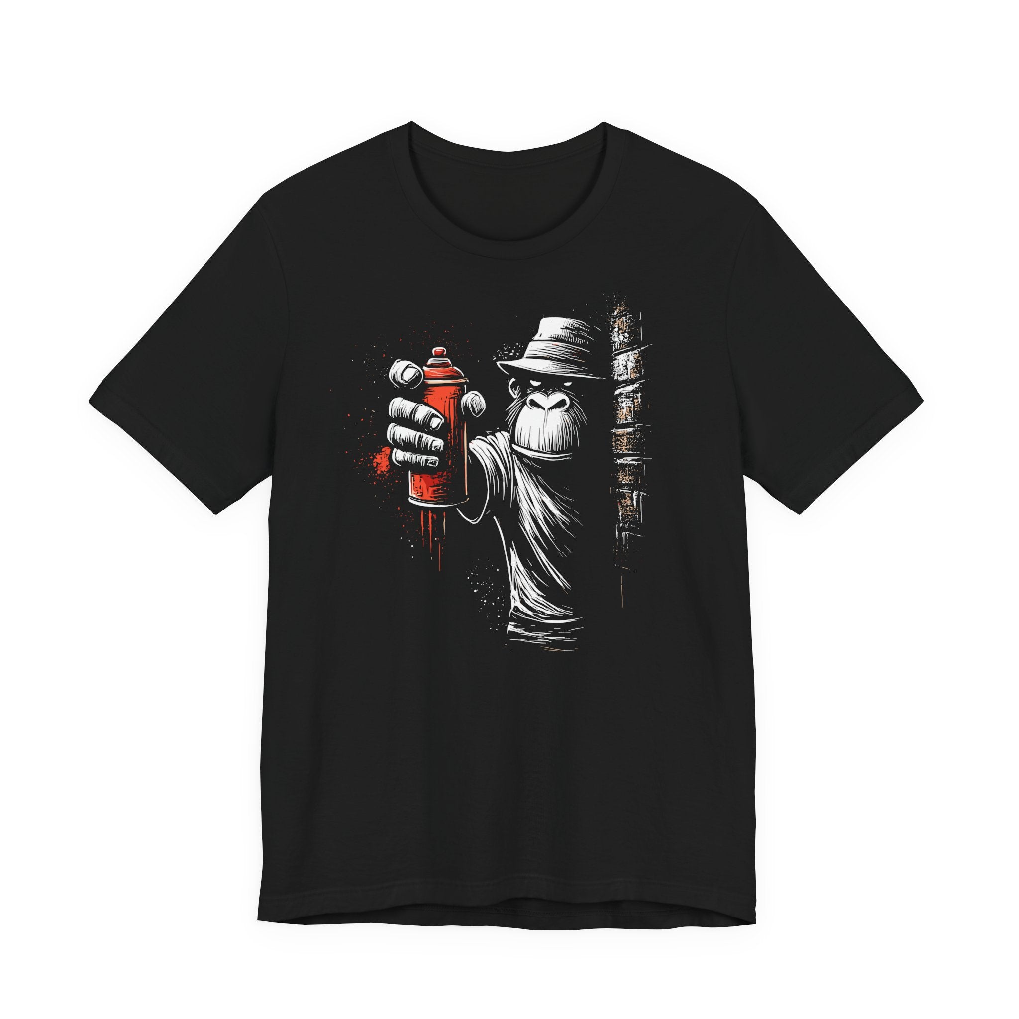 Black t-shirt with a graphic of a bear holding a spray can on a white background