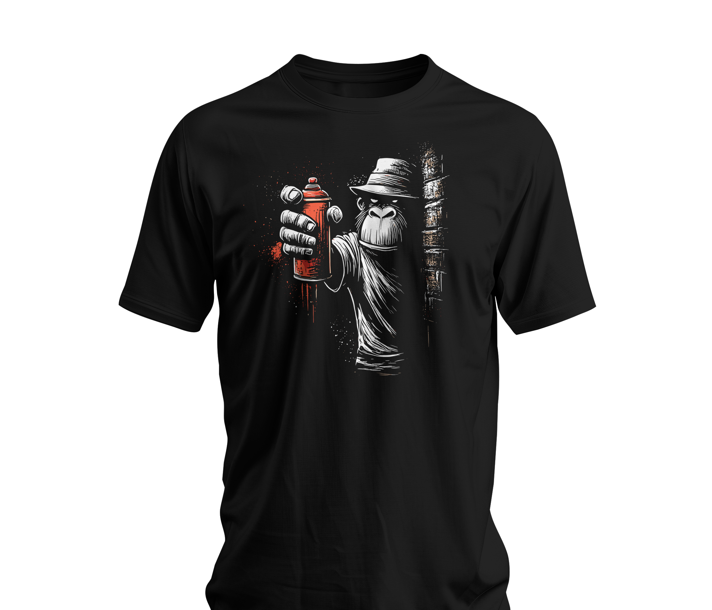 Black t-shirt with a graphic design of a gorilla holding a spray can on a white background
