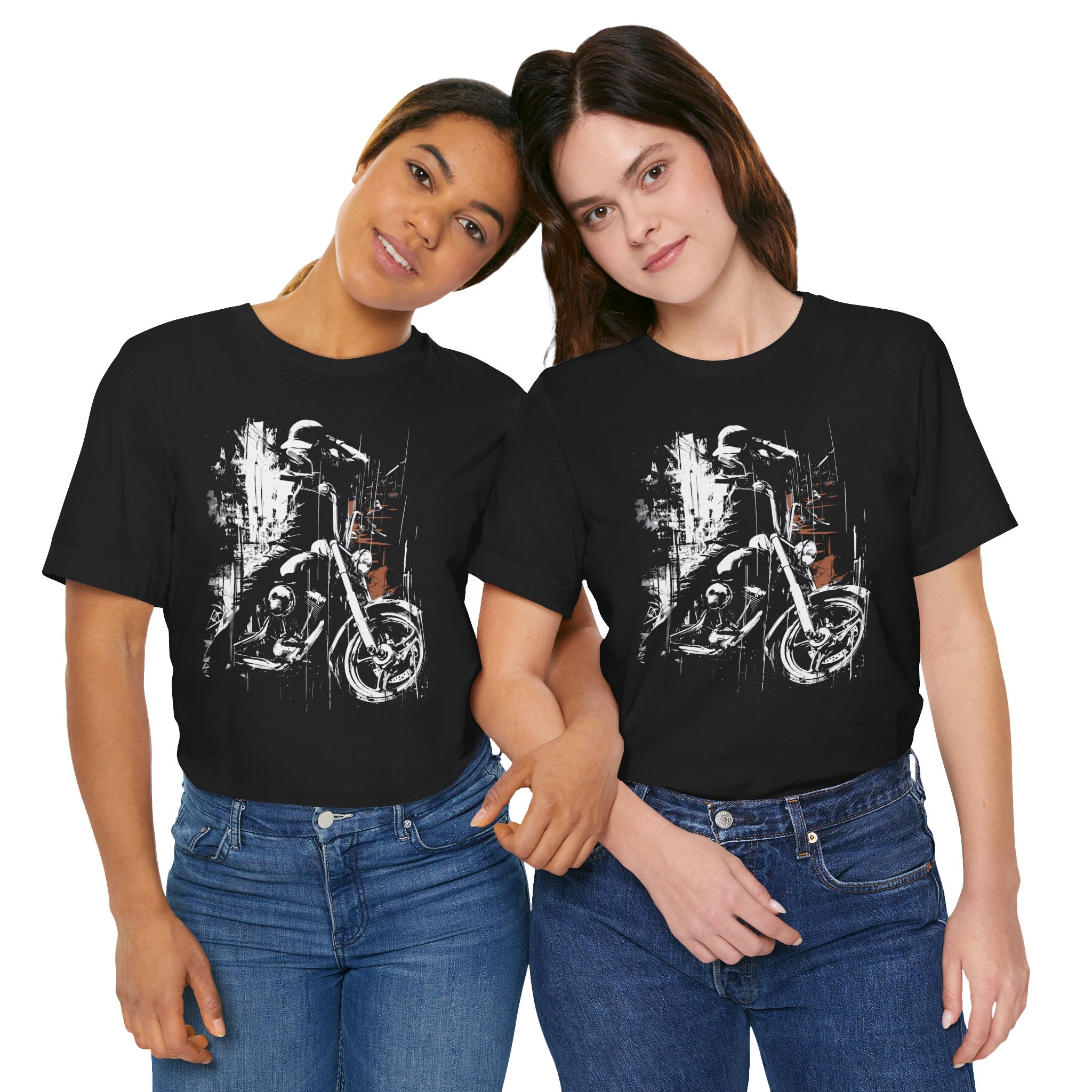 Two people wearing black t-shirts with motorcycle graphics on a white background