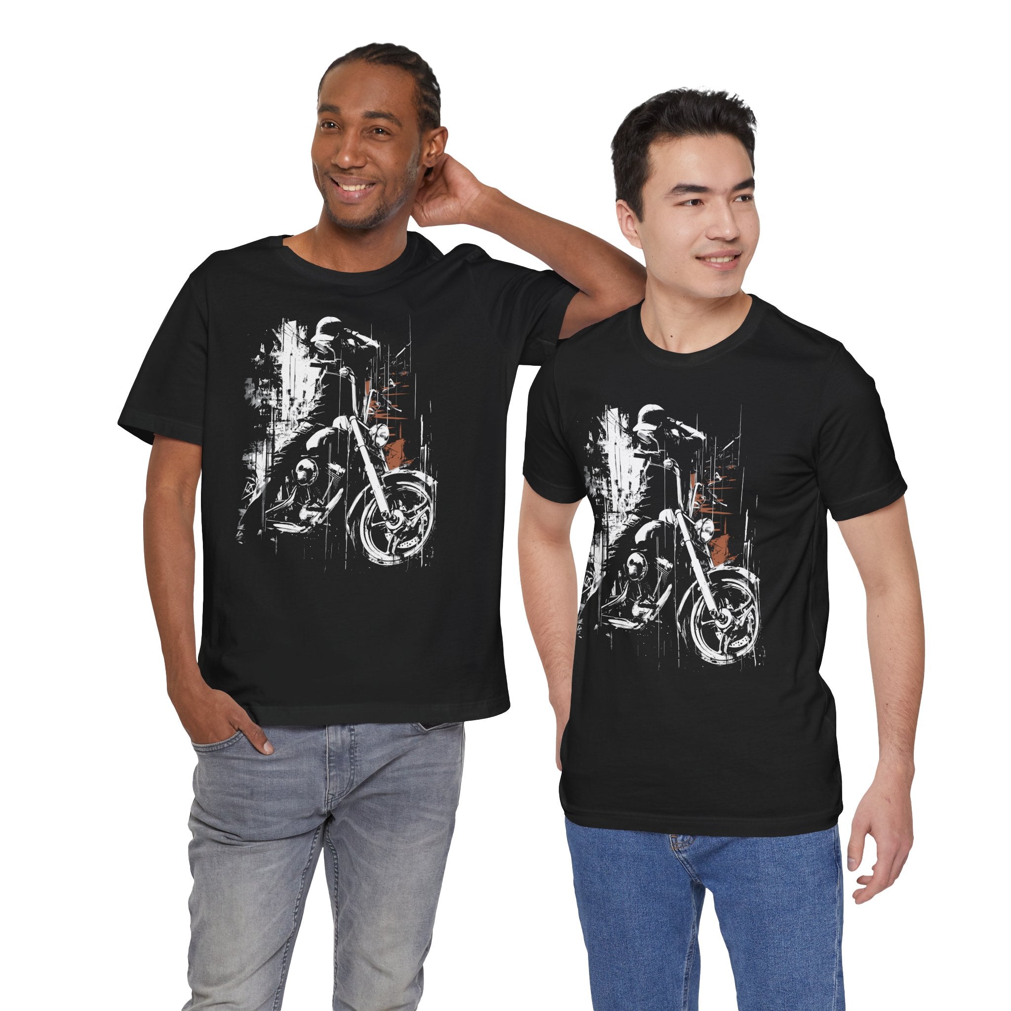 Two men wearing black t-shirts with motorcycle graphics on a white background