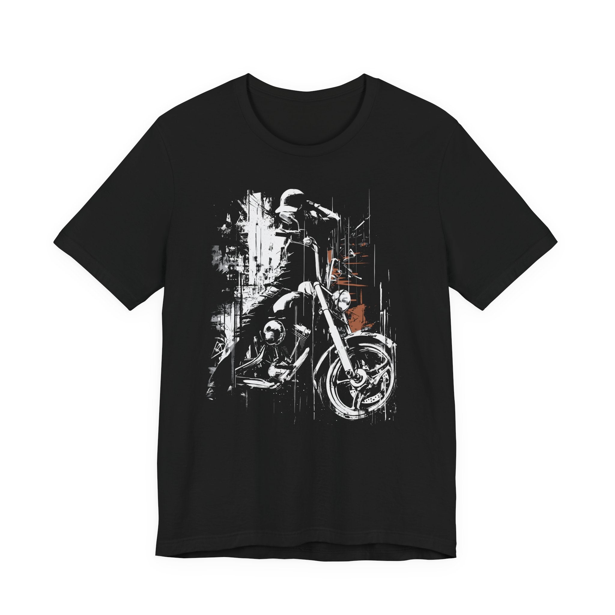 Black t-shirt with a graphic of a person on a motorcycle on a white background