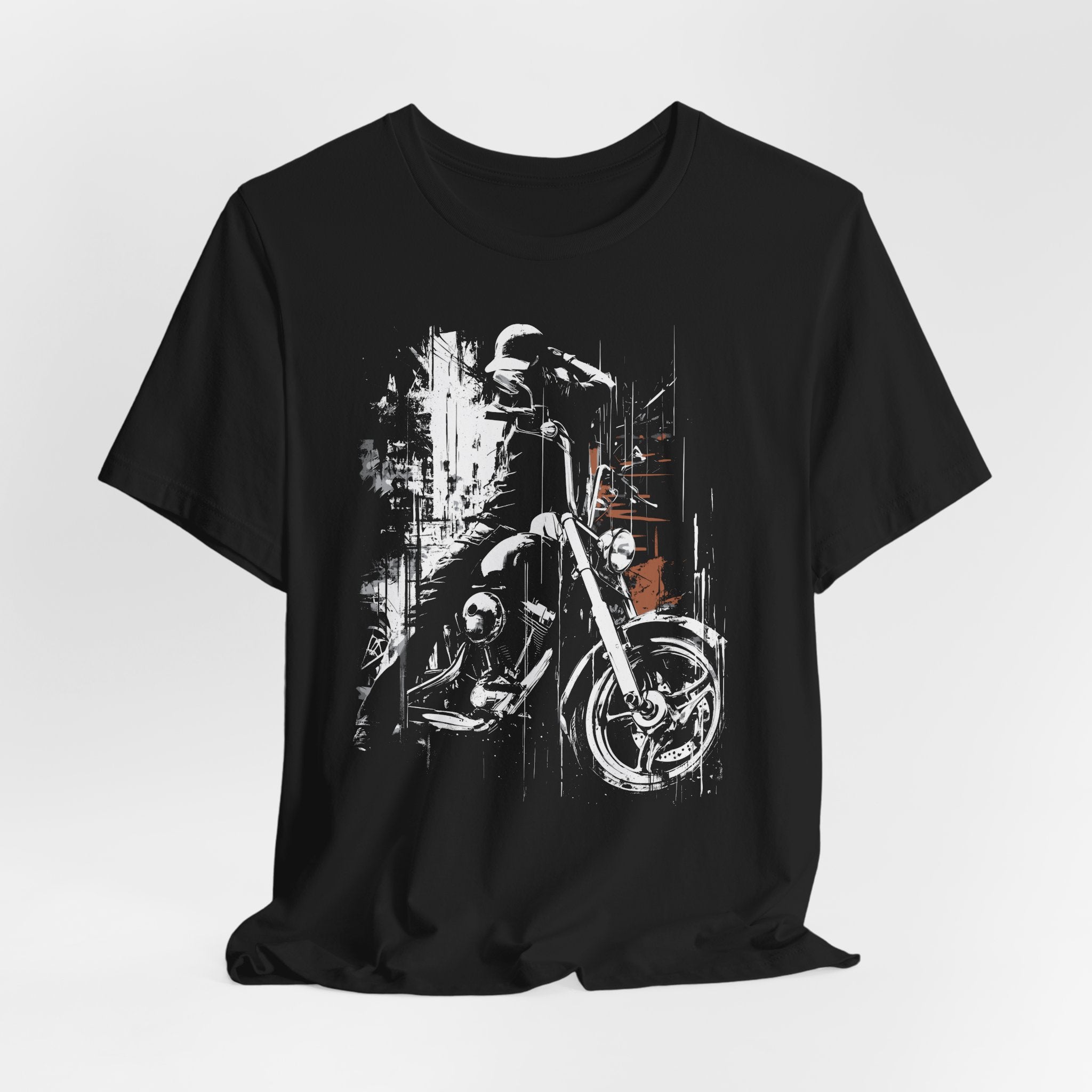 Black t-shirt with a graphic of a motorcycle and skeleton on a white background
