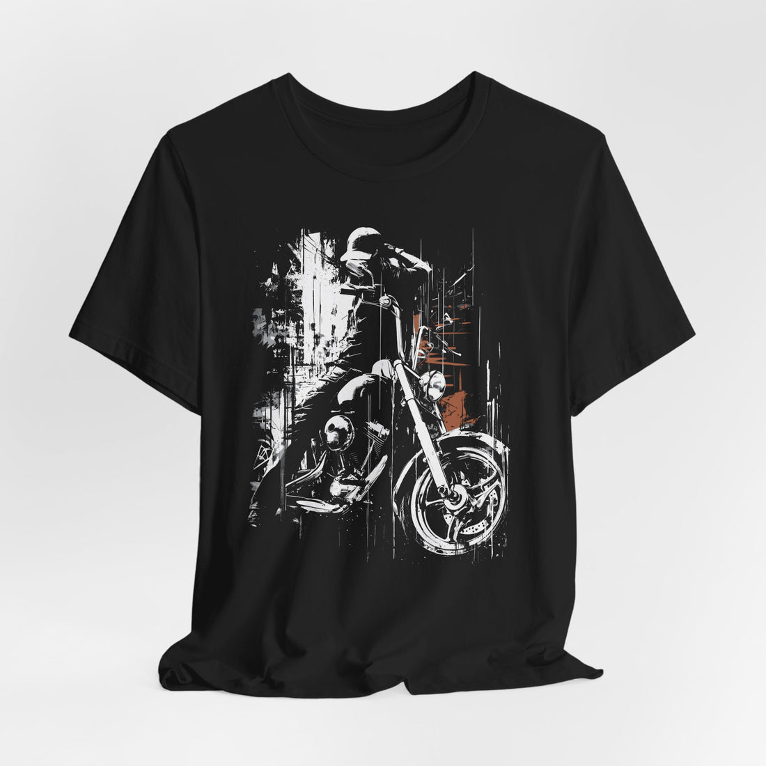Black t-shirt with a graphic of a motorcycle and skeleton on a white background