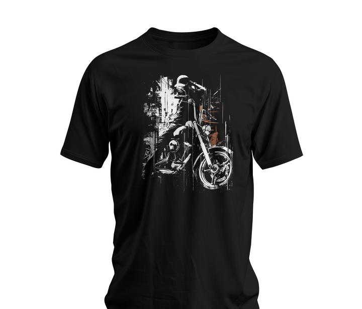 Black t-shirt with a motorcycle graphic on a white background