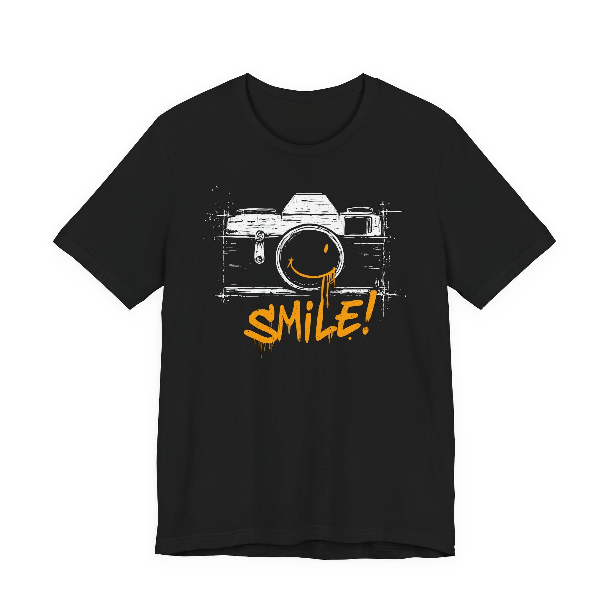 Black t-shirt with a camera graphic and 'SMILE!' text on a white background