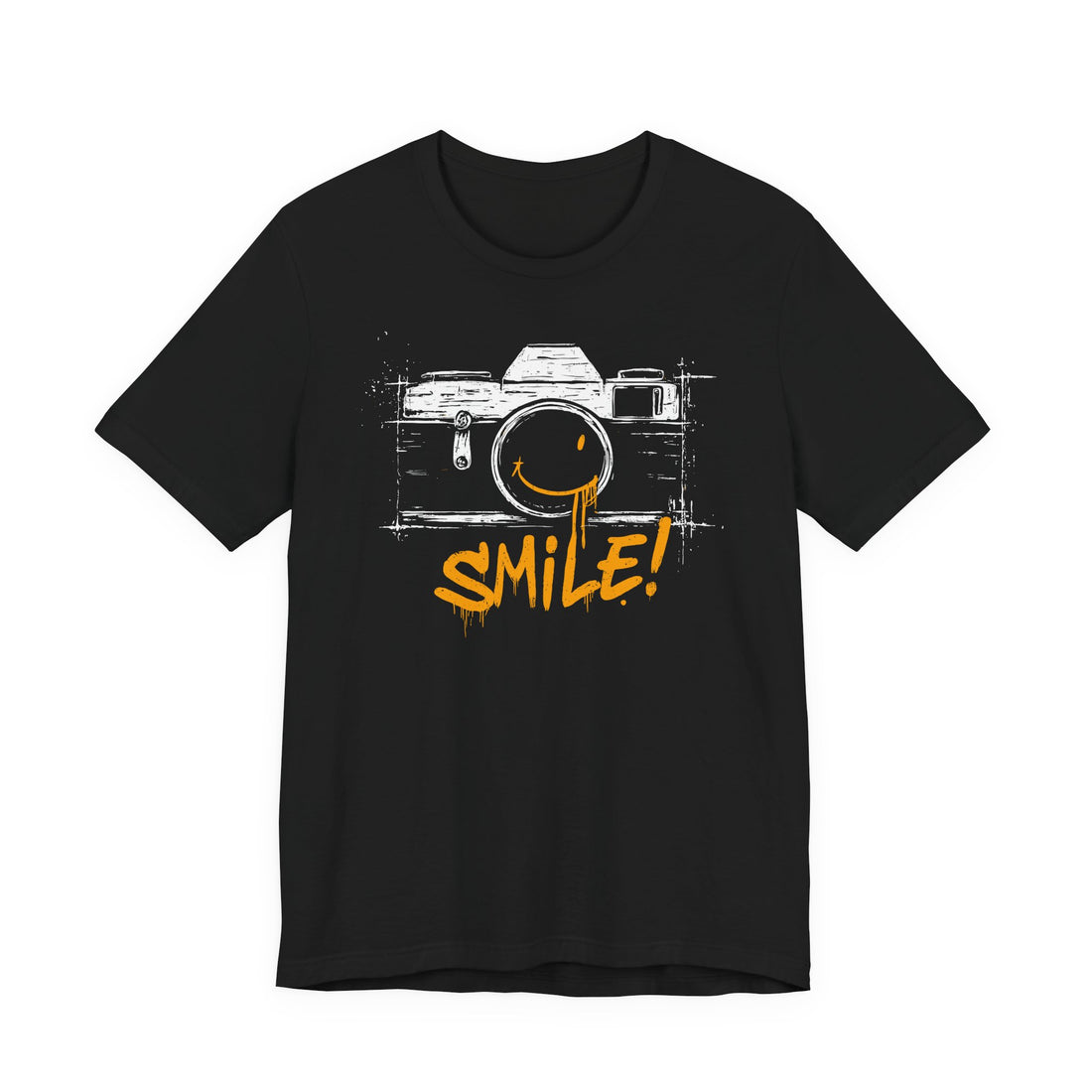 Black t-shirt with a camera graphic and 'SMILE!' text on a white background