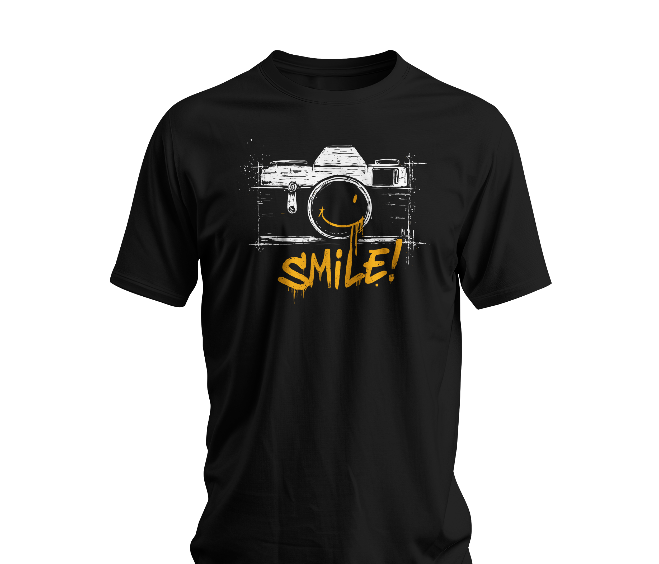 Black t-shirt with a camera graphic and 'SMILE!' text on a white background