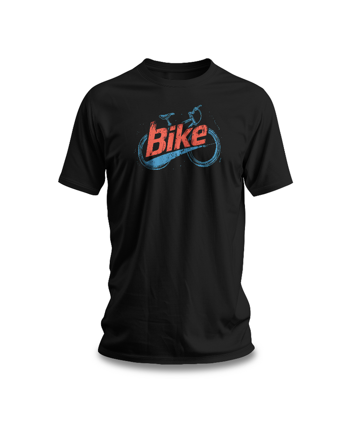 A black t-shirt with a bold, distressed graphic of a bicycle and the word 'Bike' in red lettering on the front.