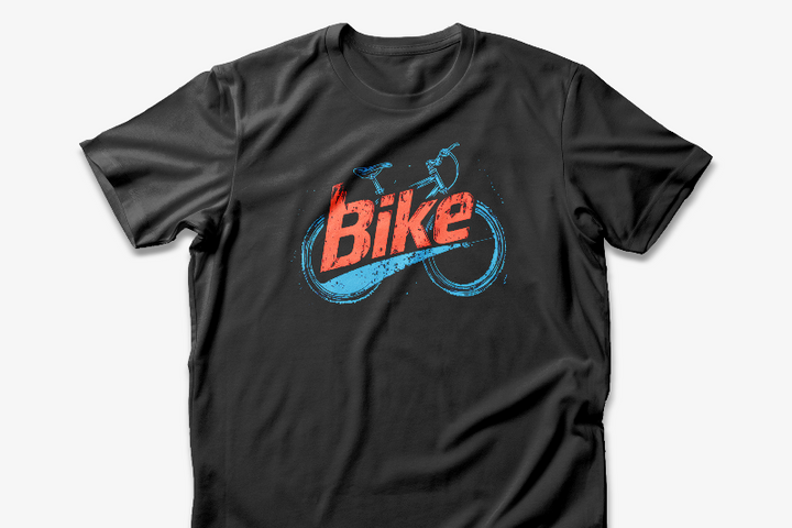 A black t-shirt with a bold, distressed graphic of a bicycle and the word 'Bike' in red lettering on the front.