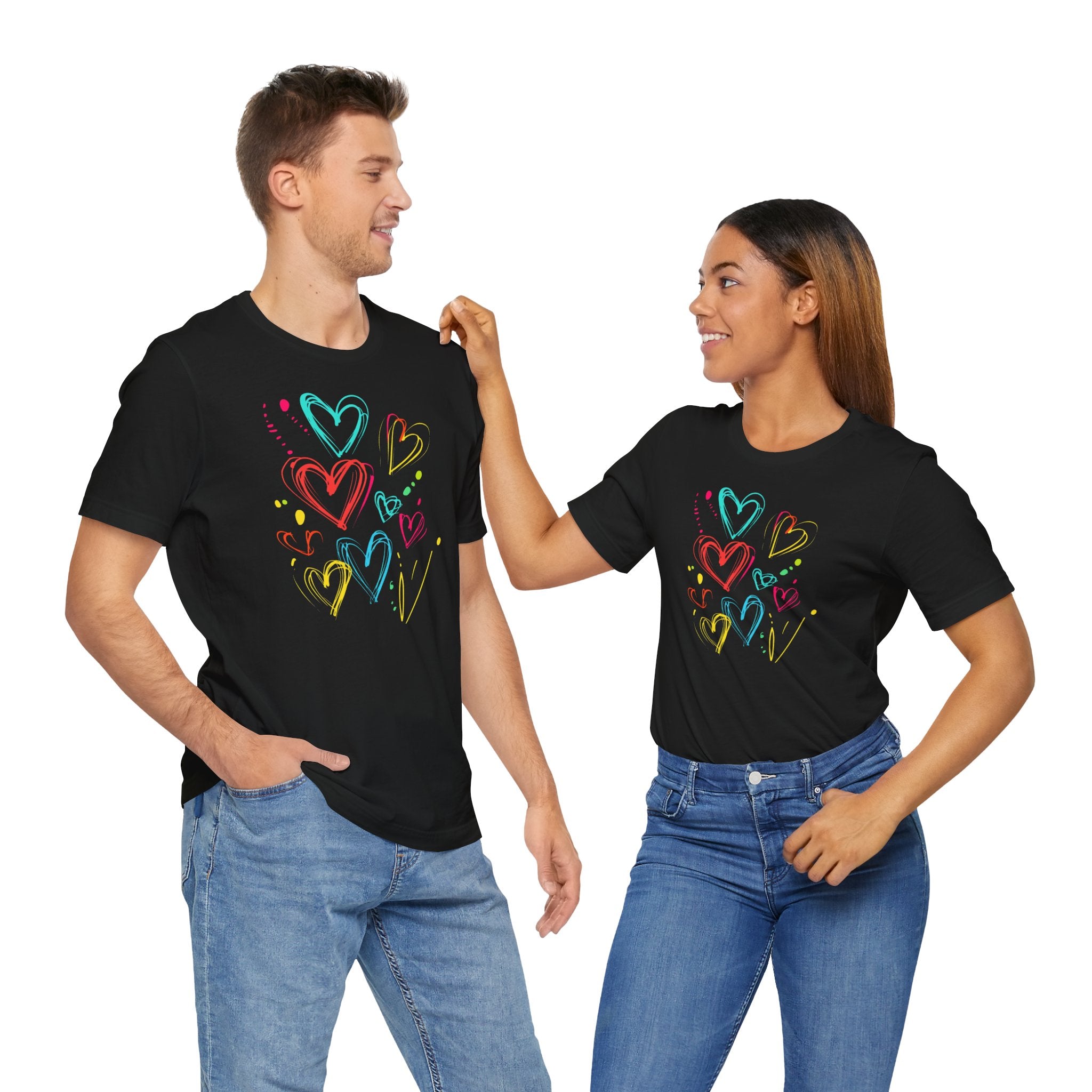 Black t-shirt with colourful heart sketches