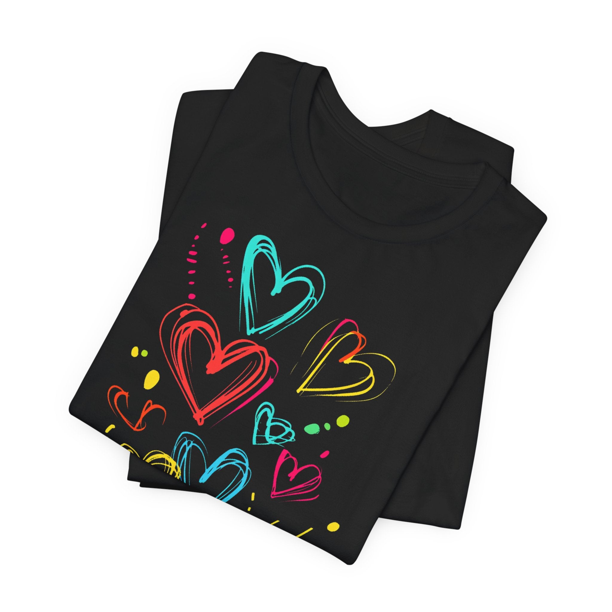 Black t-shirt with colourful heart sketches