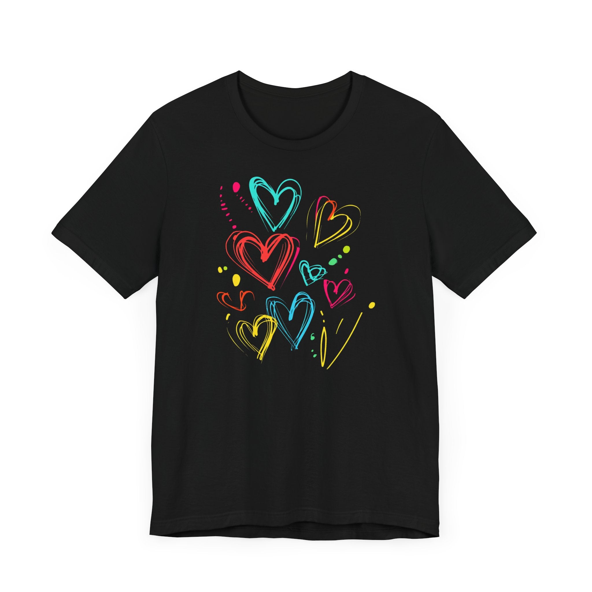 Black t-shirt with colourful heart sketches