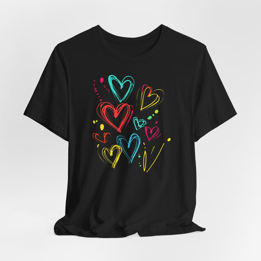 Black t-shirt with colourful heart sketches