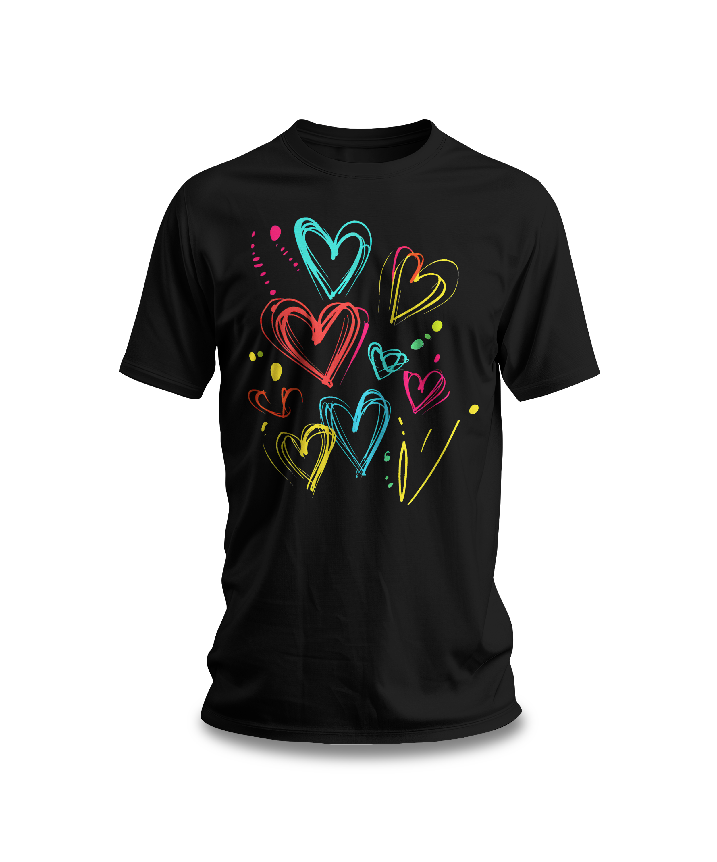 Black t-shirt with colourful heart sketches