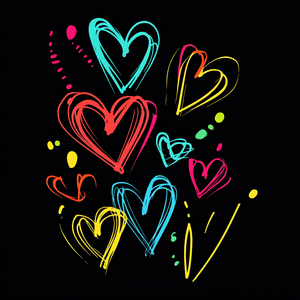 Black t-shirt with colourful heart sketches