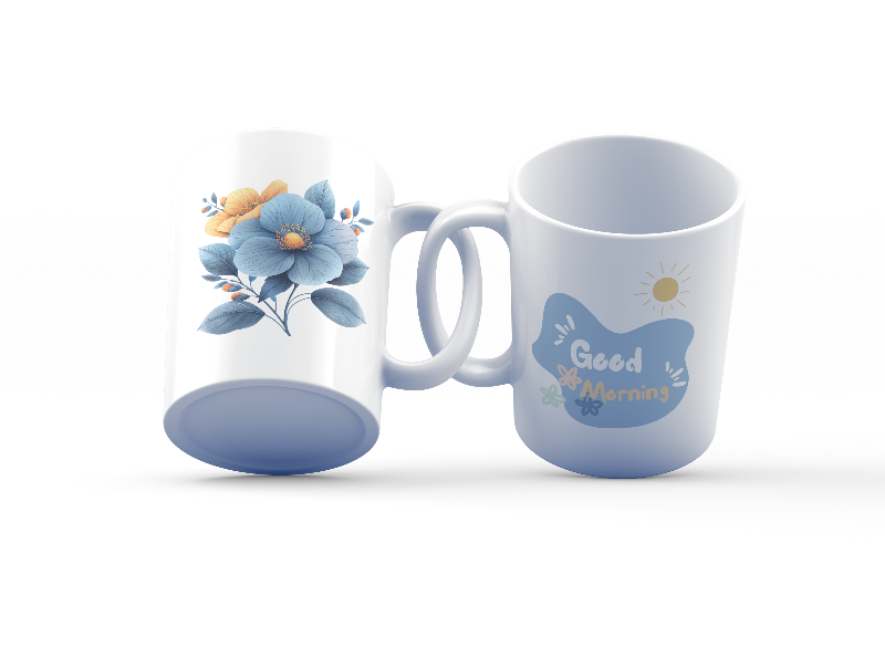 A set of two ceramic mugs, one with a 'Good Morning' message and floral design, and the other featuring a blue flower illustration.