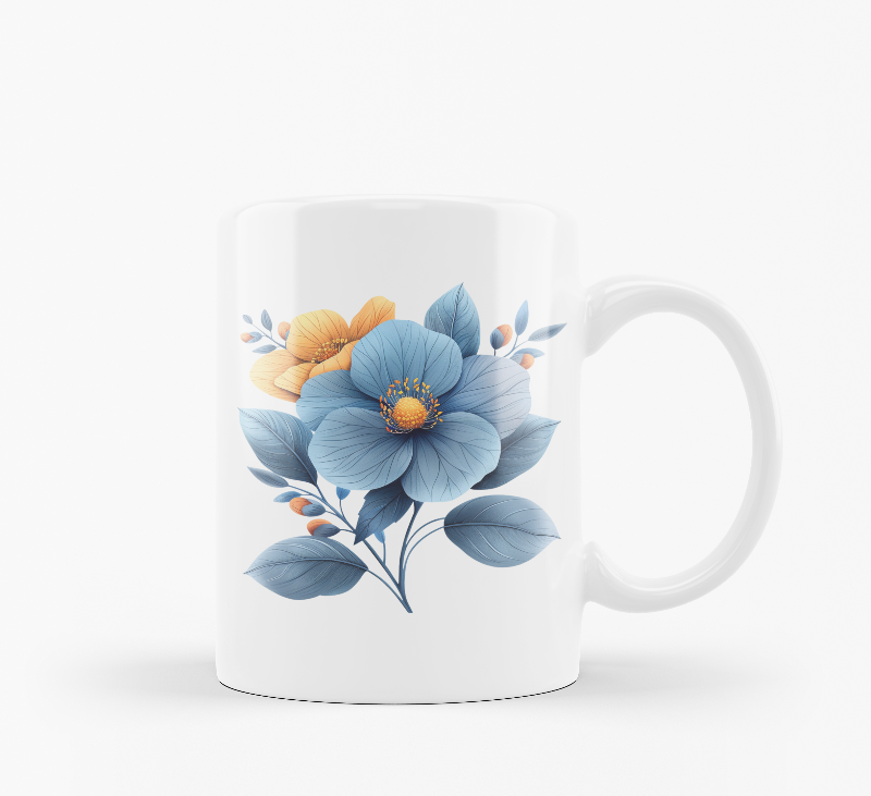 A set of two ceramic mugs, one with a 'Good Morning' message and floral design, and the other featuring a blue flower illustration.