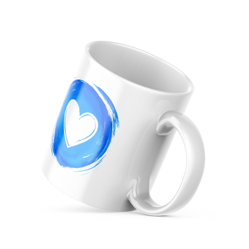 Two ceramic coffee mugs, one with a blue heart design and the other with a 'Good Morning' message alongside a sun icon, both with white backgrounds.