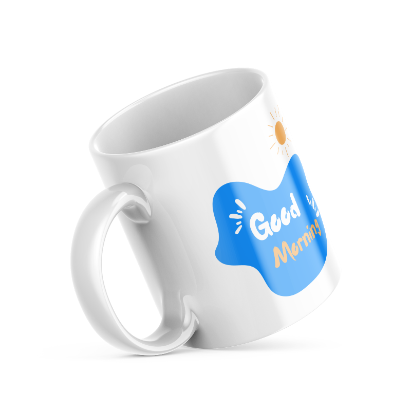 Two ceramic coffee mugs, one with a blue heart design and the other with a 'Good Morning' message alongside a sun icon, both with white backgrounds.