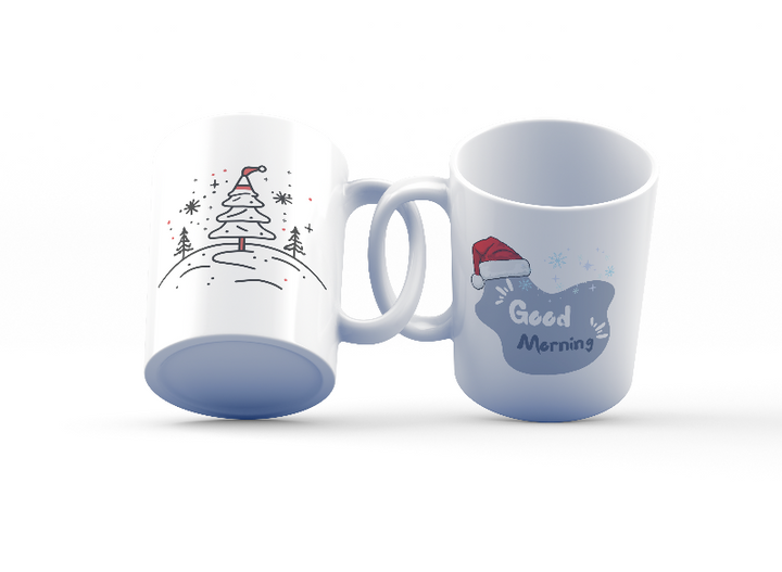 Two ceramic mugs, one with a Christmas tree design and the other with a Santa hat and snowflakes, both with 'Good Morning' text.