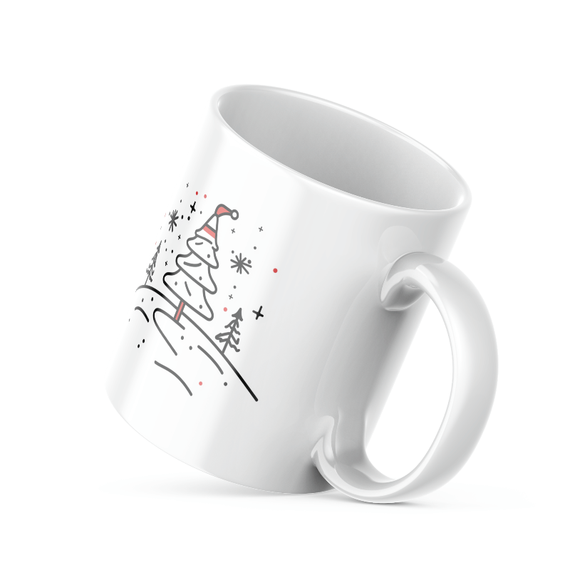 Two ceramic mugs, one with a Christmas tree design and the other with a Santa hat and snowflakes, both with 'Good Morning' text.