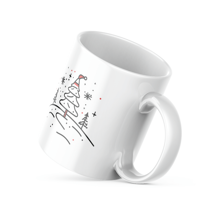 Two ceramic mugs, one with a Christmas tree design and the other with a Santa hat and snowflakes, both with 'Good Morning' text.