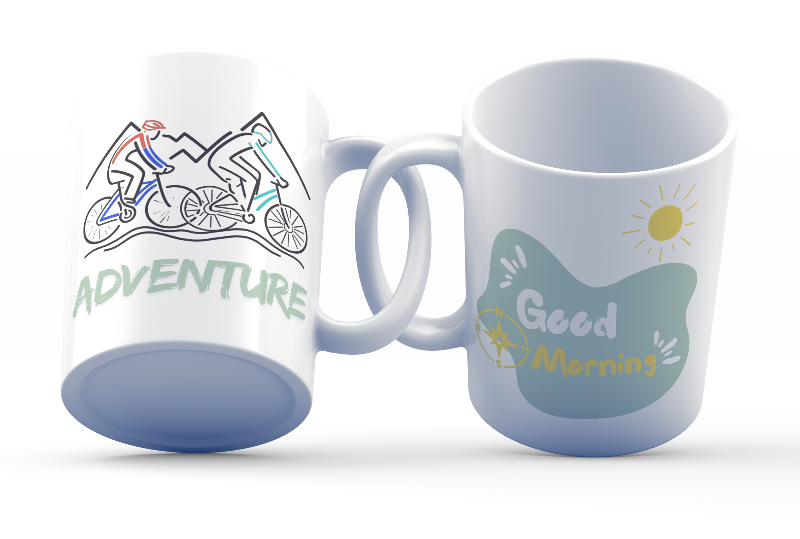 Ceramic adventure mug with mountain bike and Good Morning compass design – 11oz outdoor lifestyle coffee cup for cyclists

