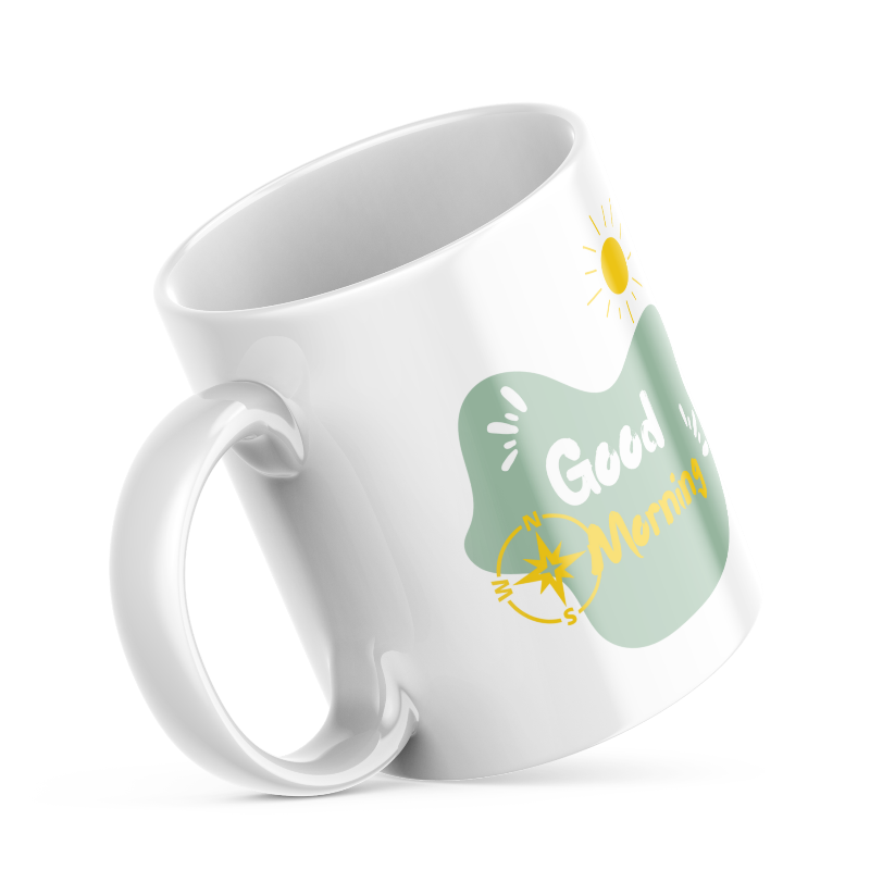 Ceramic adventure mug with mountain bike and Good Morning compass design – 11oz outdoor lifestyle coffee cup for cyclists
