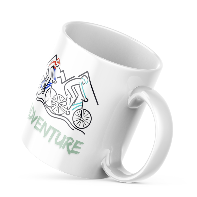 Ceramic adventure mug with mountain bike and Good Morning compass design – 11oz outdoor lifestyle coffee cup for cyclists
