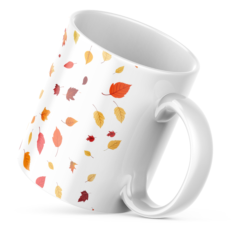 Ceramic autumn mug with falling leaves – cosy 11oz fall coffee cup with rustic seasonal pattern
