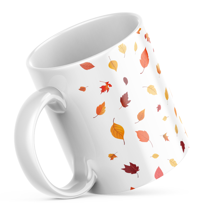 Ceramic autumn mug with falling leaves – cosy 11oz fall coffee cup with rustic seasonal pattern
