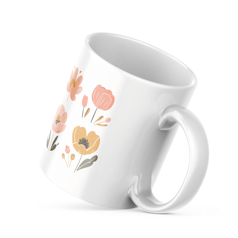 A set of two ceramic mugs, one with a floral design featuring various flowers in earthy tones and the other with a 'Good Morning' message in a golden background. Both mugs have handles and are shown with the inside of one mug facing the viewer.