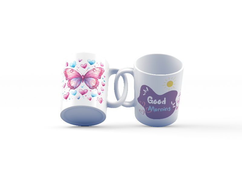 A ceramic coffee cup with a pink butterfly and hearts design, and a text message that reads 'Good Morning'.