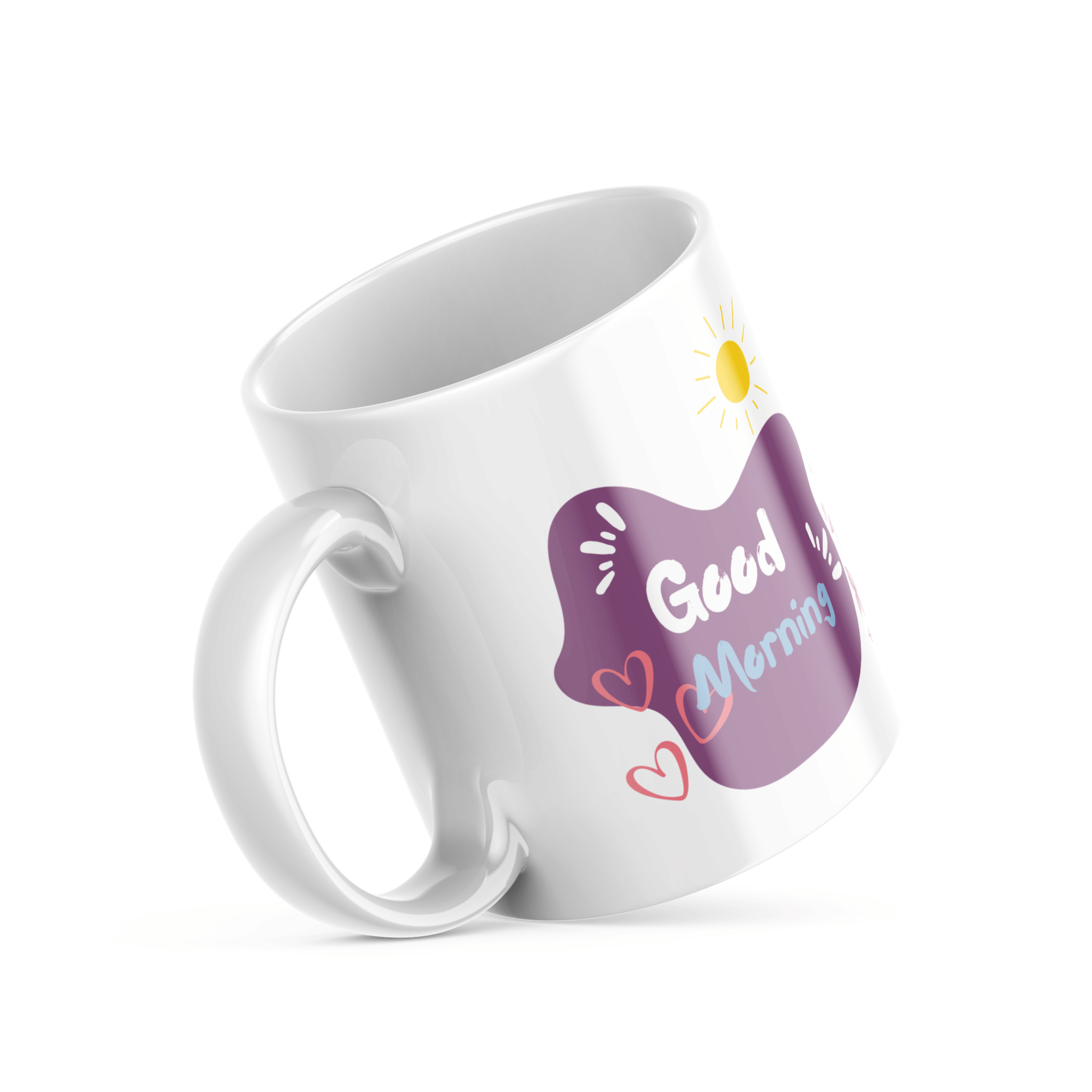 A ceramic coffee cup with a pink butterfly and hearts design, and a text message that reads 'Good Morning'.