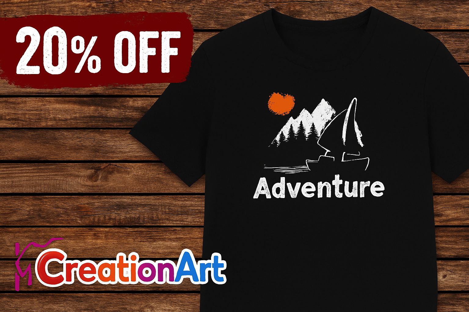 Black Adventure T-Shirt – Canoe, Forest & Sunset Design – Hiking Gift UK
