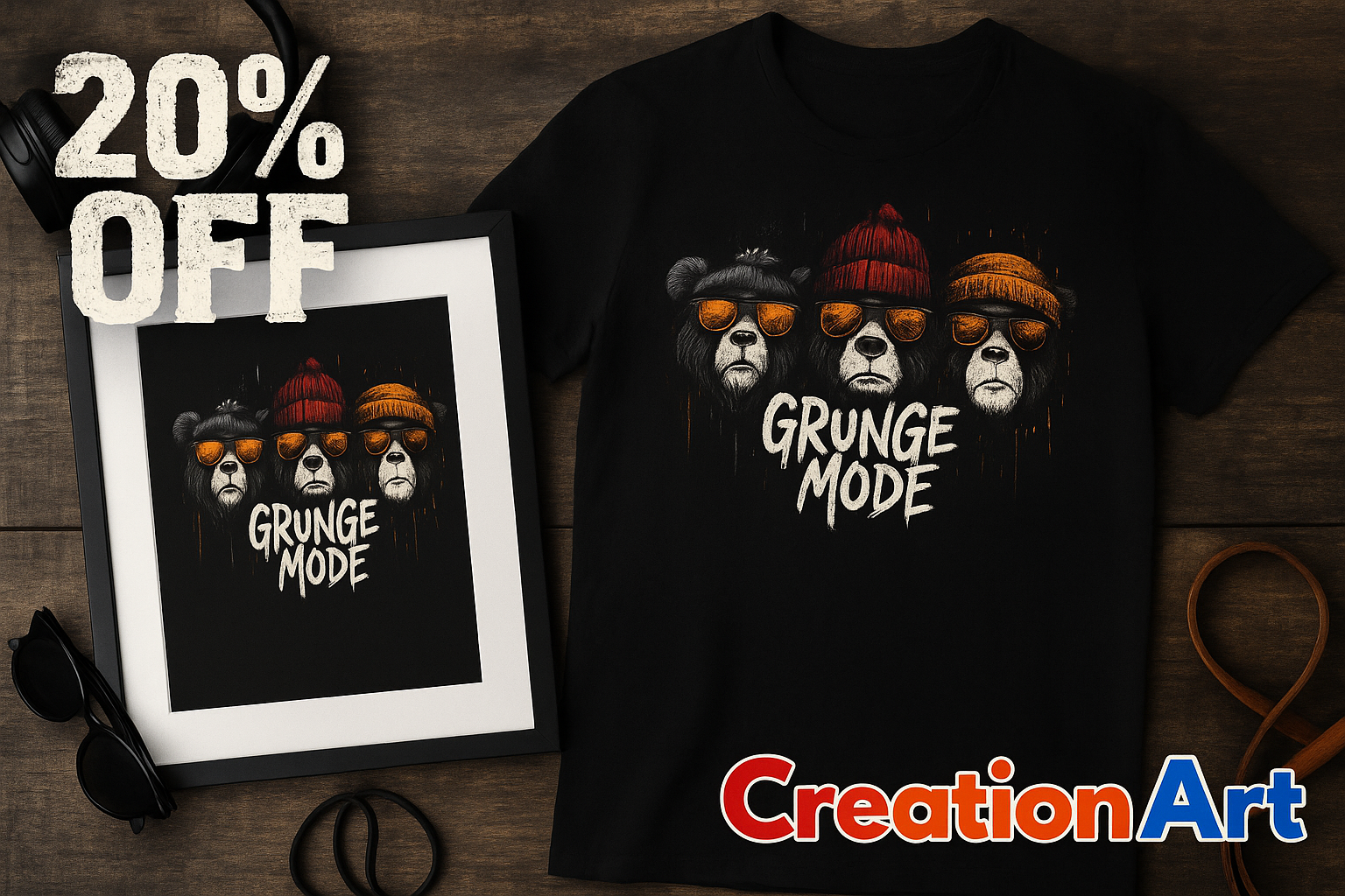 Grunge Mode T‑Shirt – Bear Trio Streetwear Graphic – Unisex Black UK