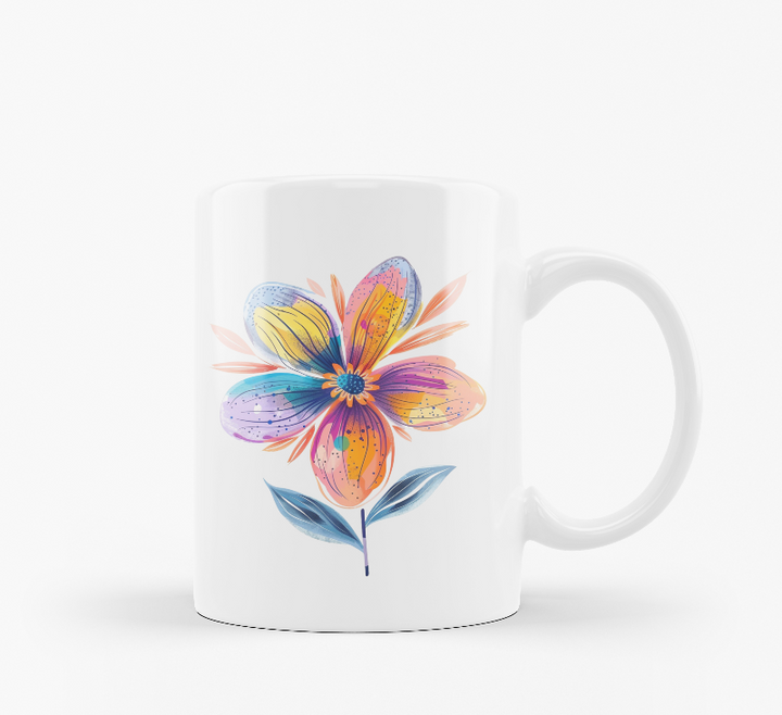 A set of two ceramic mugs, one with a 'Good Morning' text and floral design, and the other featuring a colorful hand-drawn flower design.