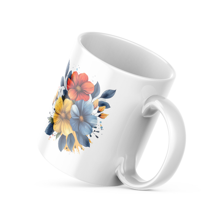 A set of two ceramic mugs, one with a vibrant floral design and the other with a 'Good Morning' greeting on a blue background, both featuring a sun and flowers graphic.