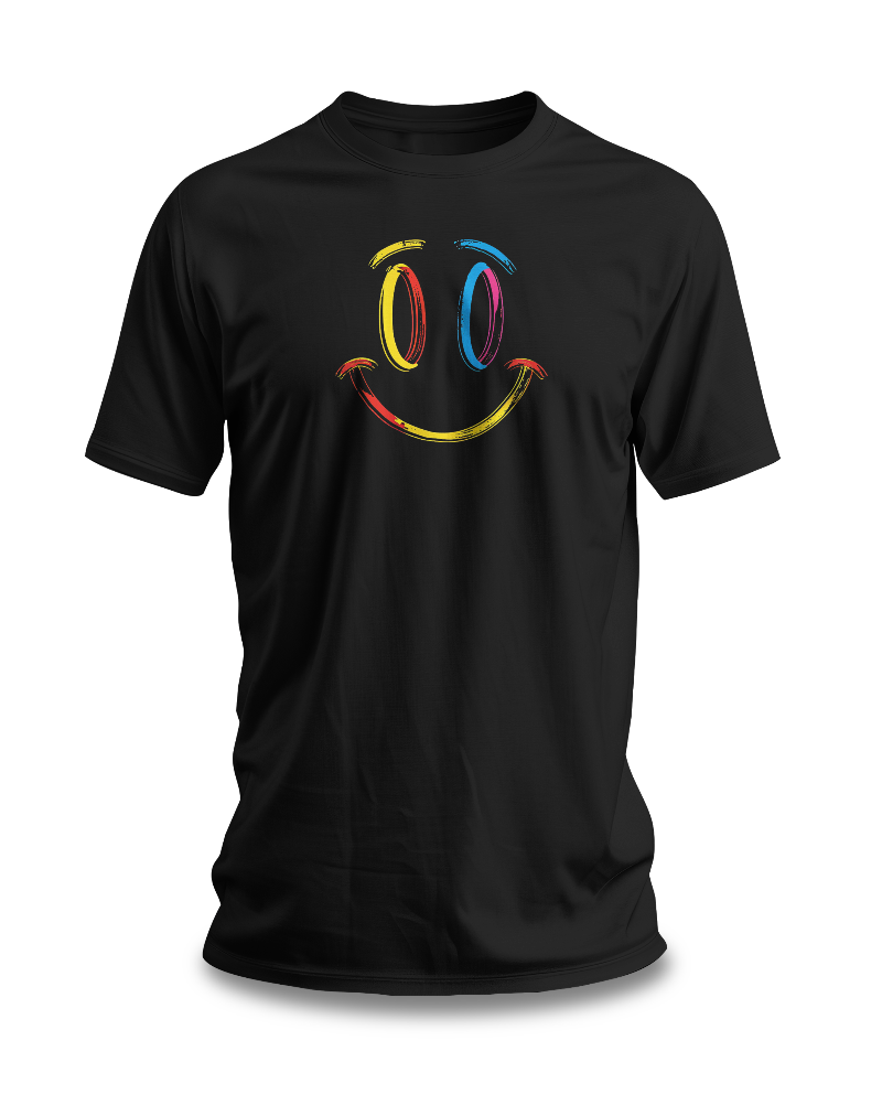 A black t-shirt with a vibrant colorful smiley face design on the front.