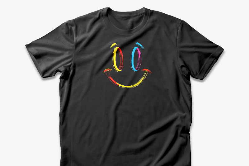 A black t-shirt with a vibrant colorful smiley face design on the front.