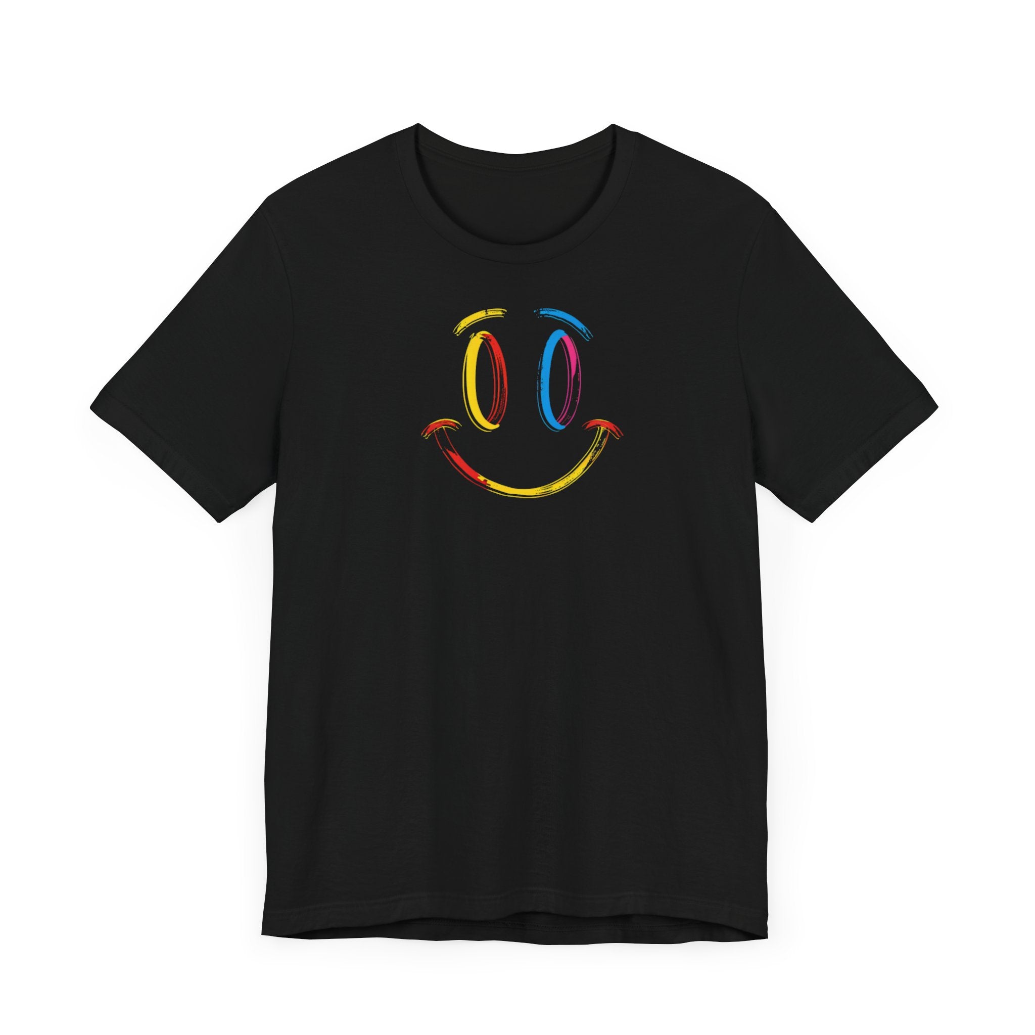 A black t-shirt with a vibrant colorful smiley face design on the front.