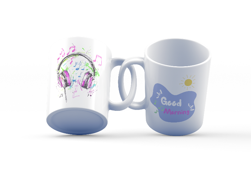 Two ceramic mugs side by side; one with a colorful sketch of headphones and musical notes, and the other with a 'Good Morning' message and a sun icon.