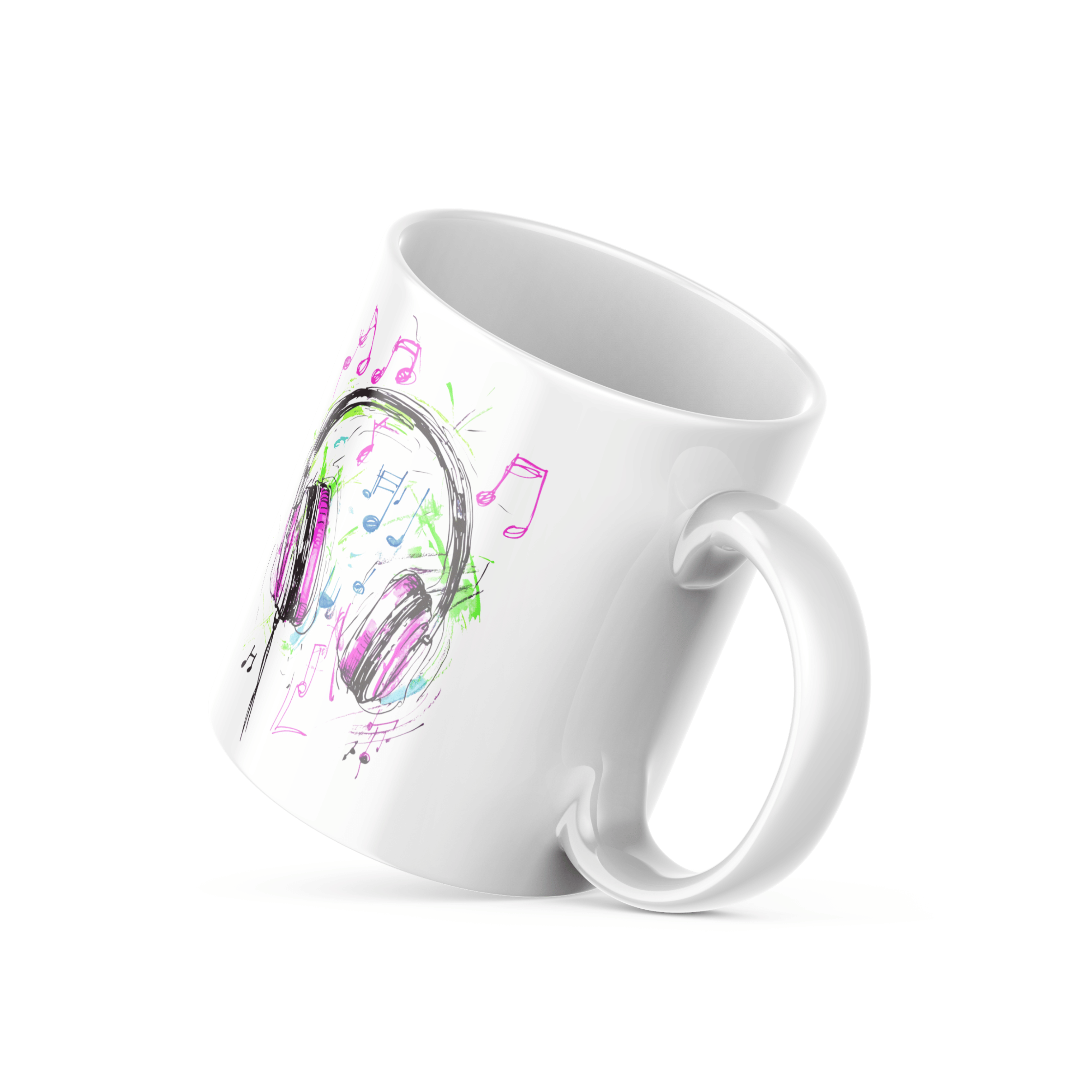 Two ceramic mugs side by side; one with a colorful sketch of headphones and musical notes, and the other with a 'Good Morning' message and a sun icon.